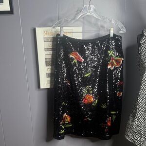 Anthropologie Maeve Black Sequin Skirt with Floral sequin